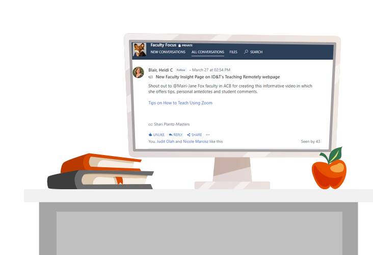 a desktop with a laptop that has a screenshot of the faculty focus yammer group's page